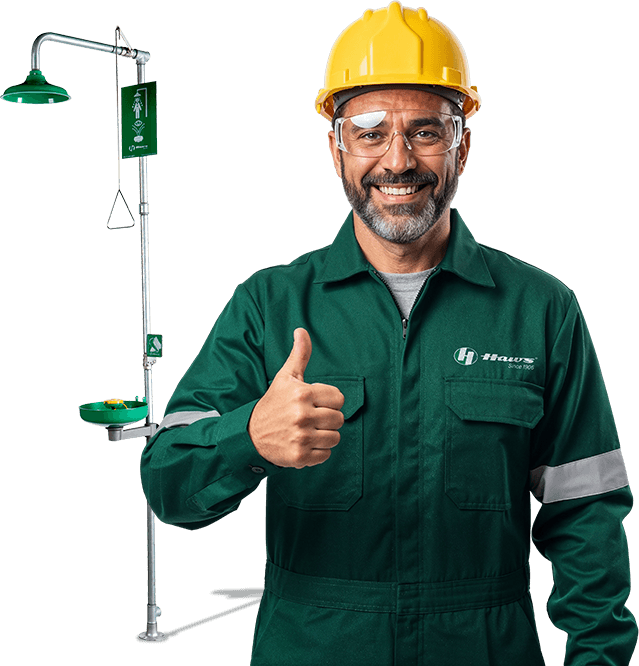 operário com uniforme Haws fazendo um sinal positivo